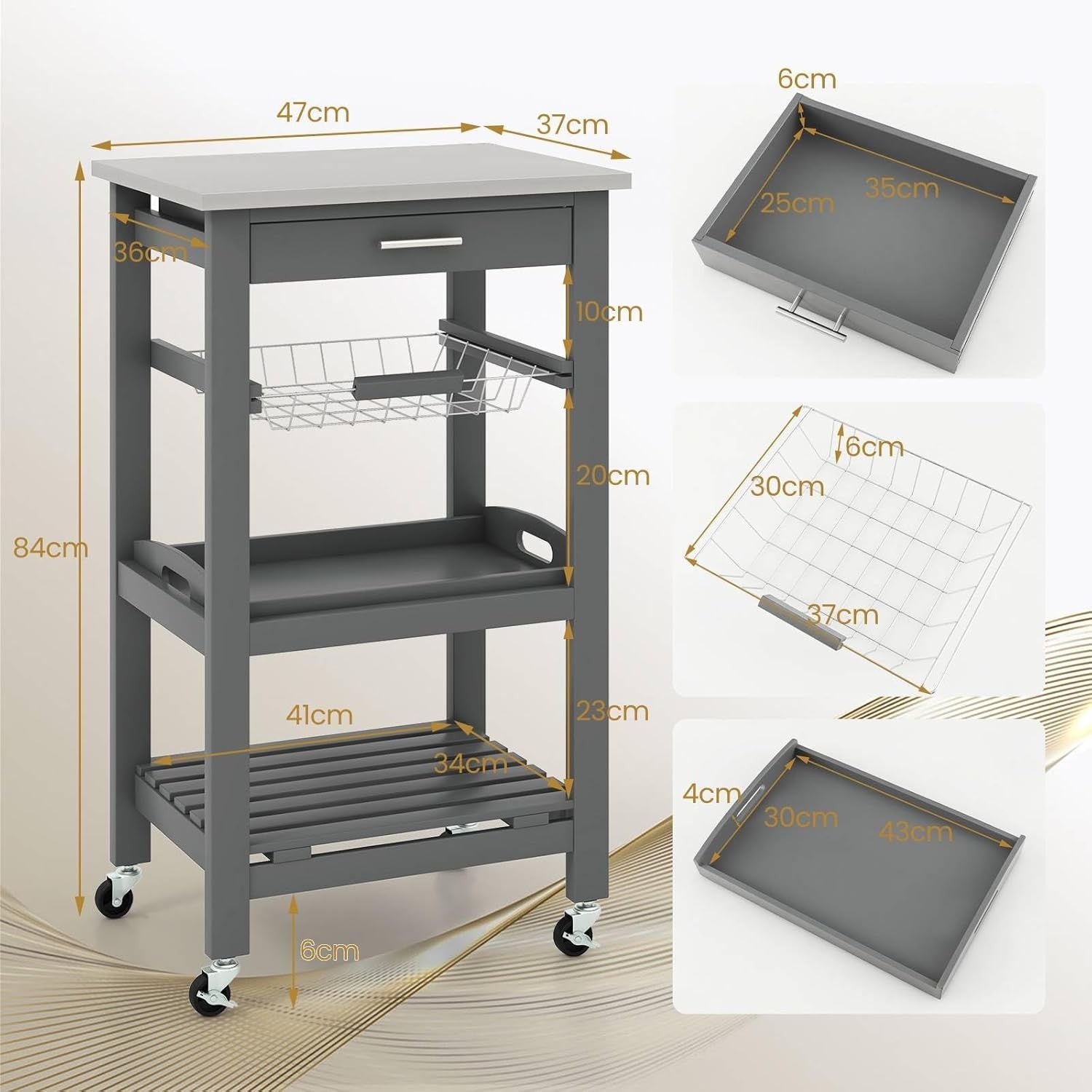 Kitchen Storage Trolley on Wheels with Drawer Wire Basket & 4 Tier Shelves