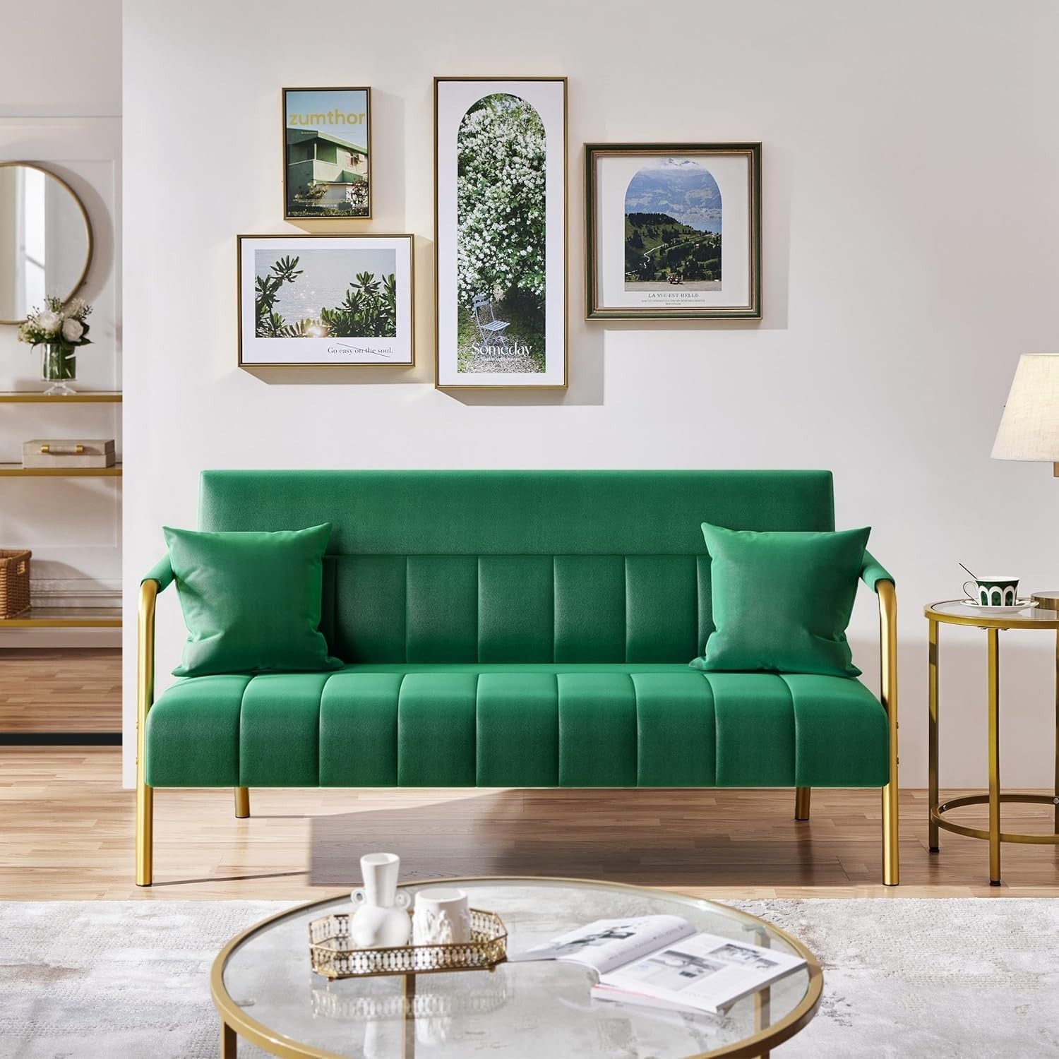 Green Velvet 2 Seater Sofa Gold Legs Modern Loveseat for Small Rooms Studio