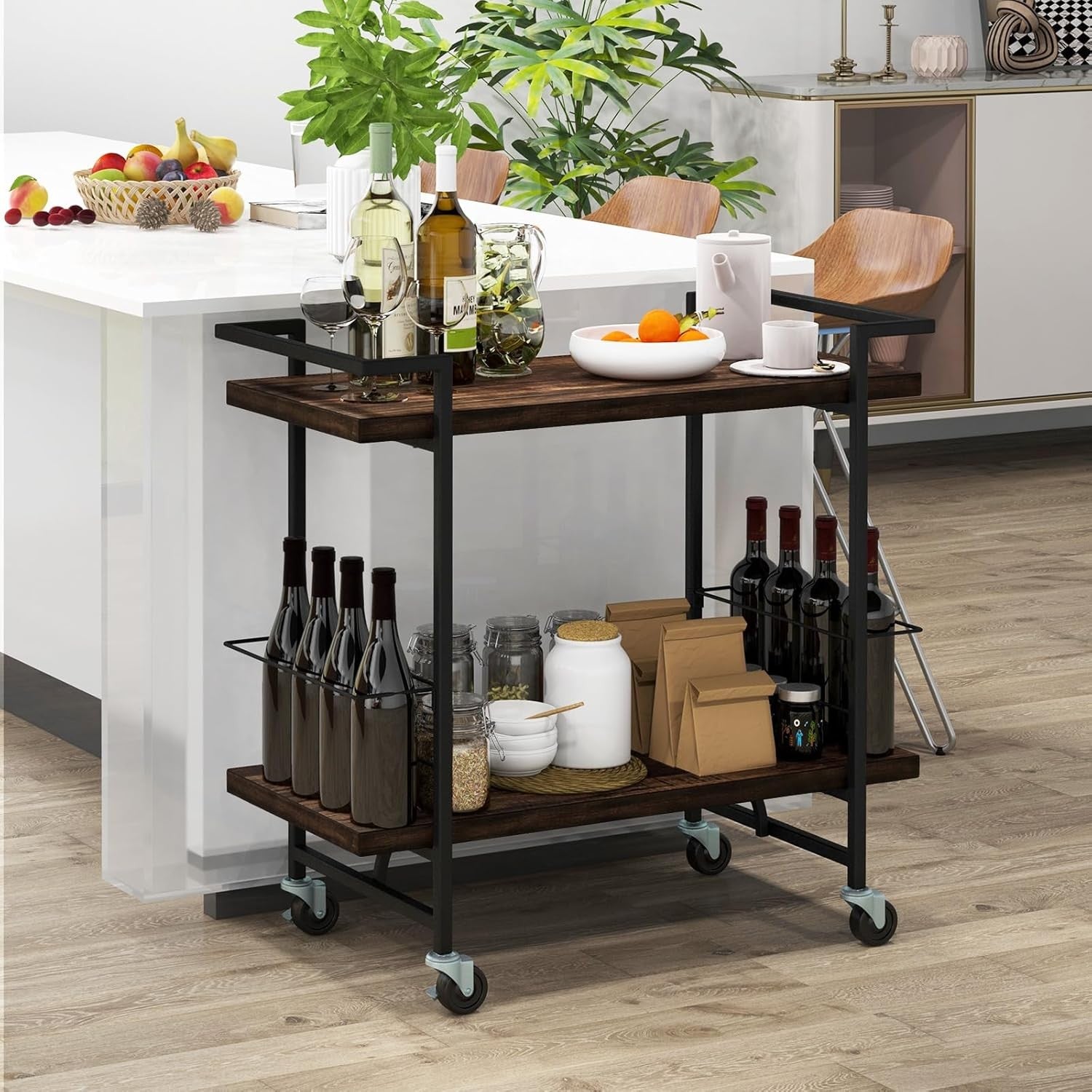 Kitchen Serving Cart on Wheels 2 Tier Bar Trolley Lockable Castors