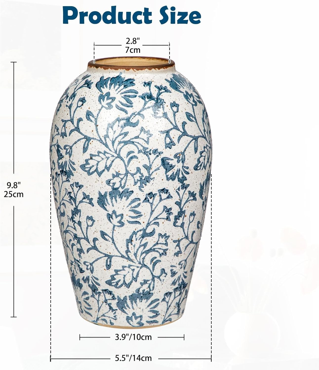 Ceramic Flower Vase Blue White Rustic Farmhouse Decor Table Floor Vase
