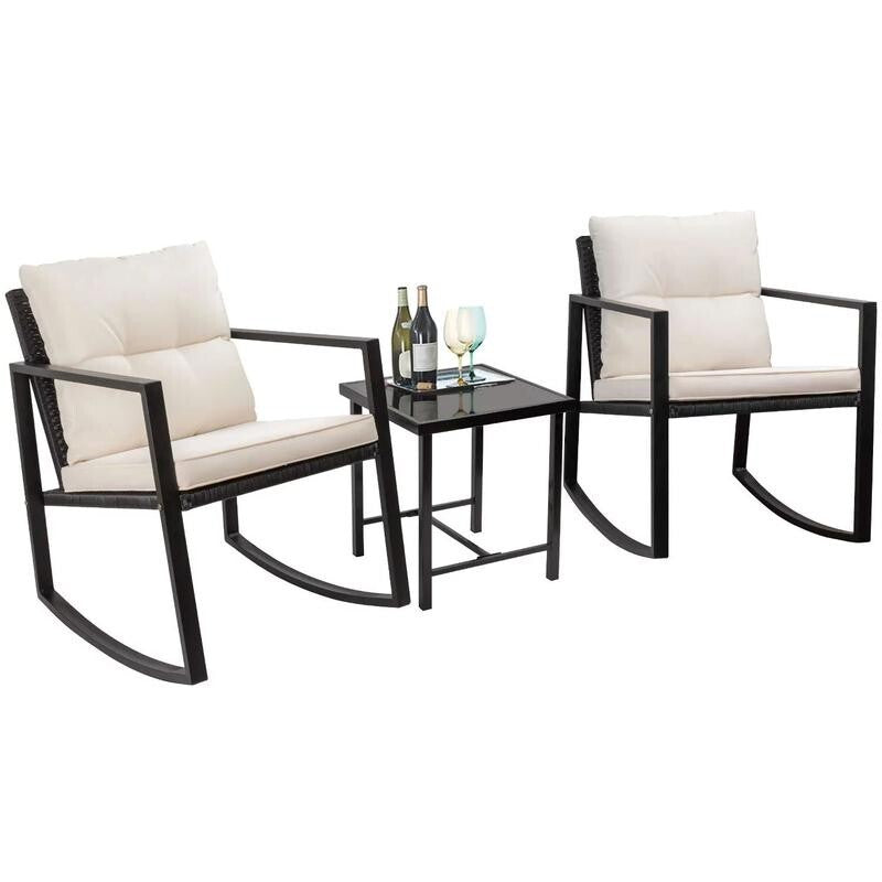 3PC Rattan Rocking Bistro Set w/ Cushions & Glass Table Garden Balcony
