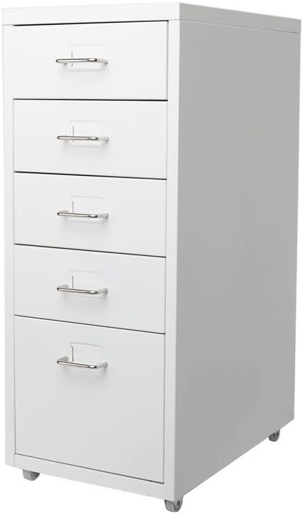 White Metal Filing Cabinet 5 Drawer on Wheels Tall Office Storage