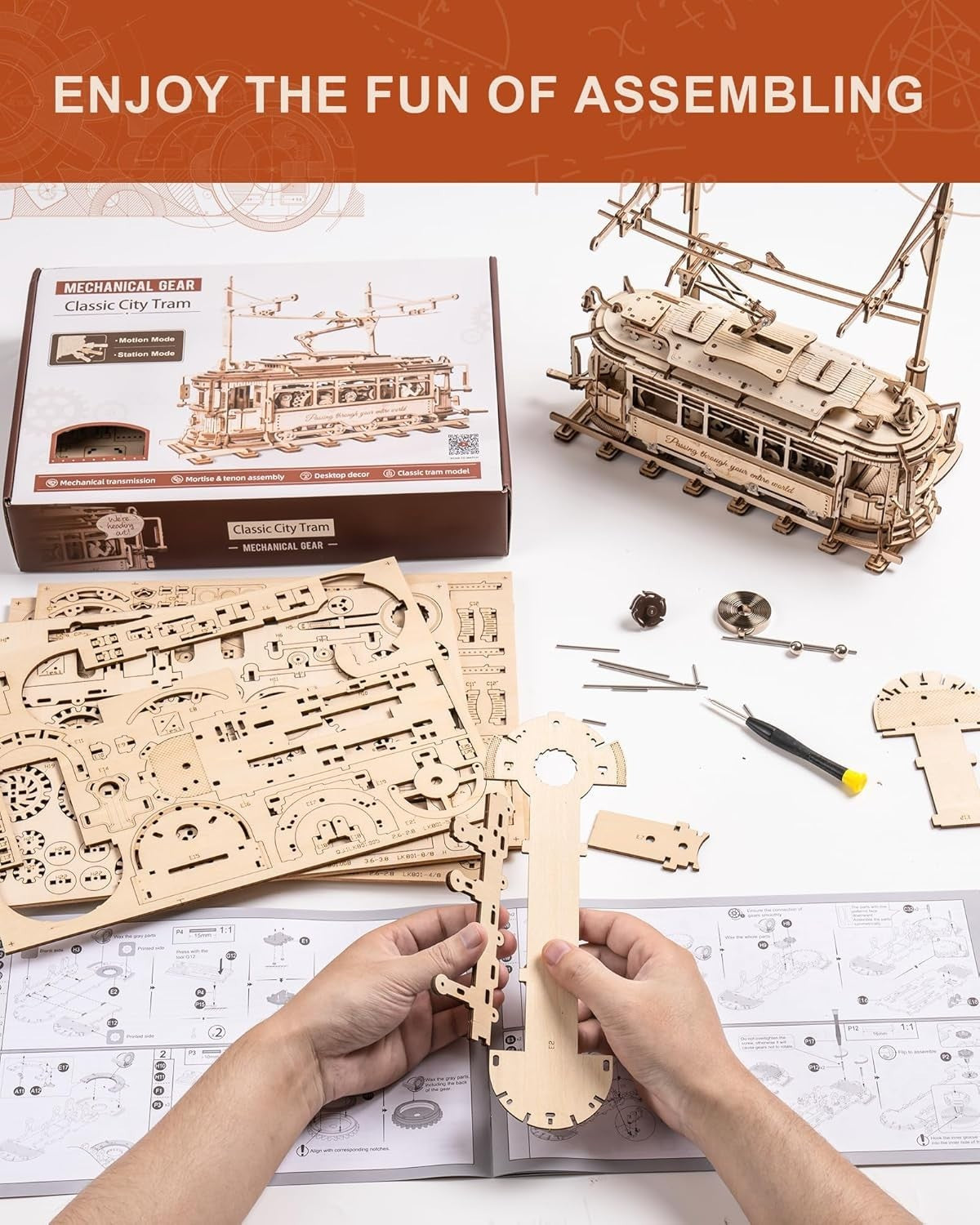 Interactive Wooden 3D Puzzle Tram Model Kit with Mechanical Gears