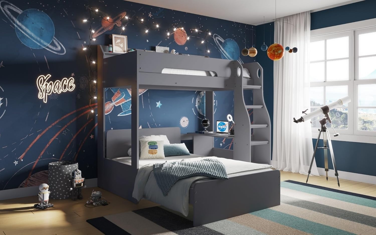Triple Bunk Bed L Shape Grey Kids Storage Bed Frame Space-Saving Design