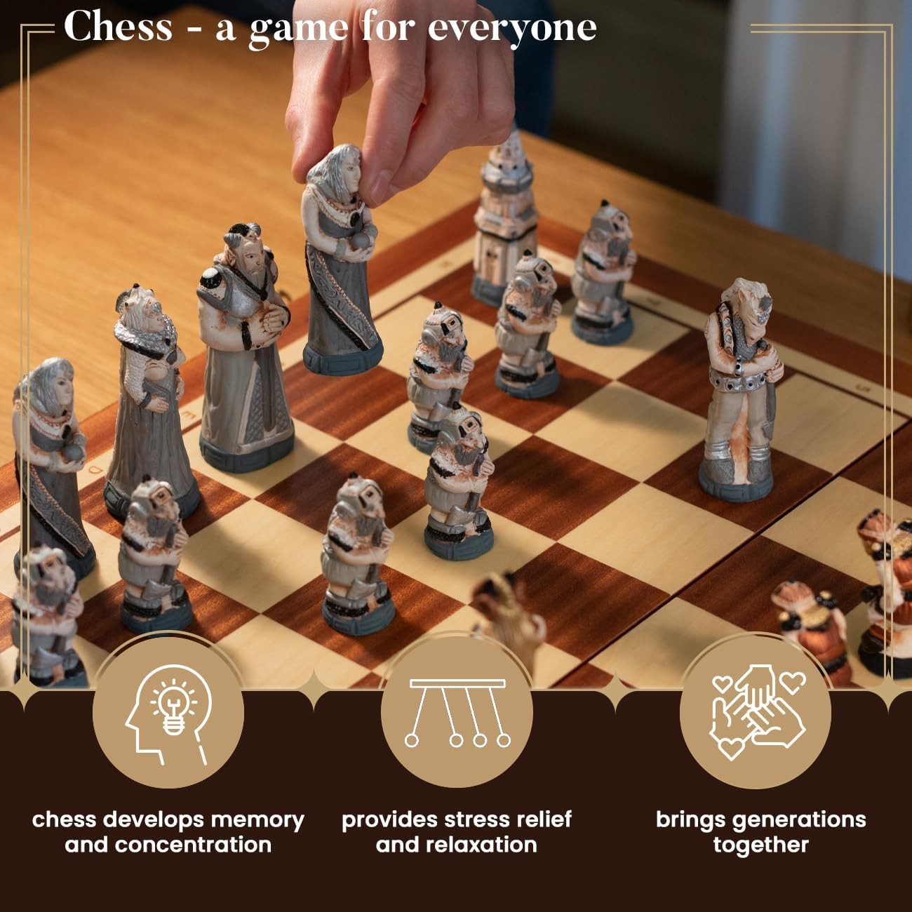 58cm Medieval Fantasy Chess Set | Stone Figures & Inlaid Wooden Board | Handcraf
