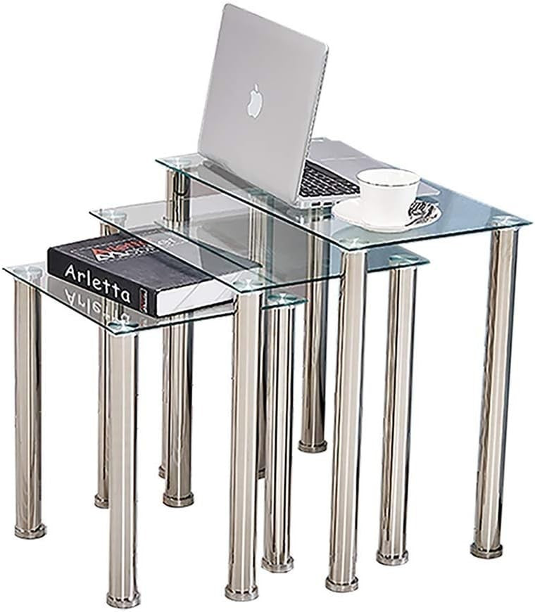 Nest of 3 Modern Glass Coffee Table Set Chrome Legs Side End Sofa Living Room