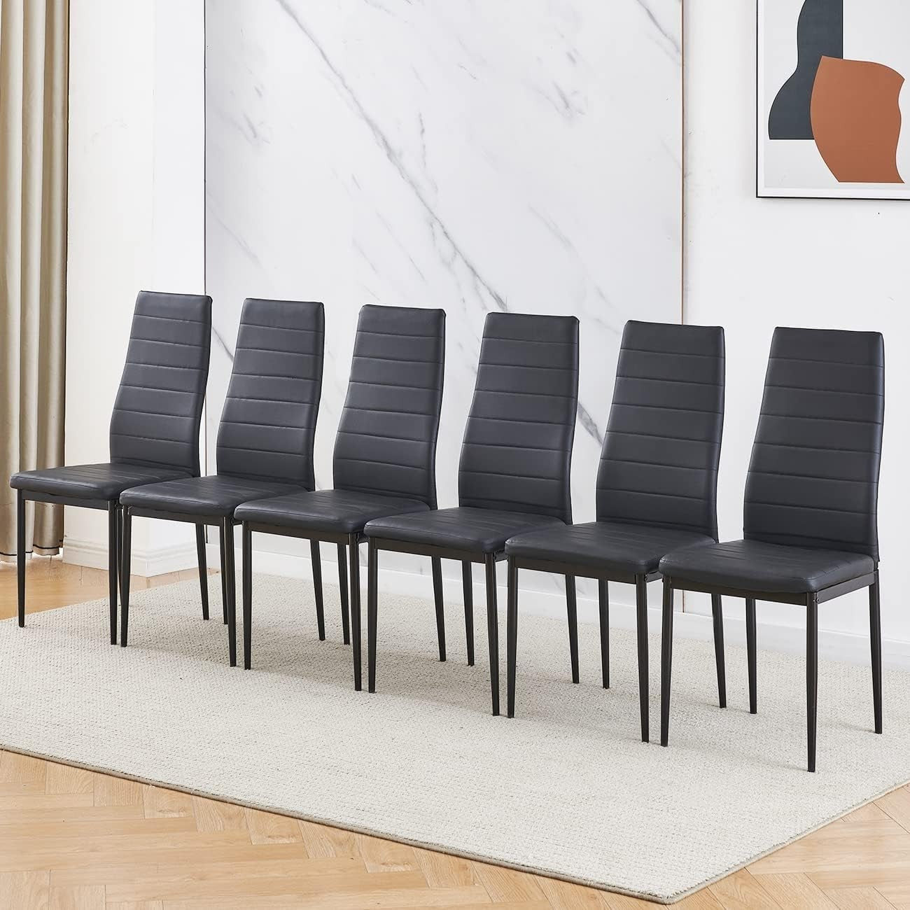 Modern White Dining Table Set 6 Black PU Leather Chairs | Compact 7pc Kit