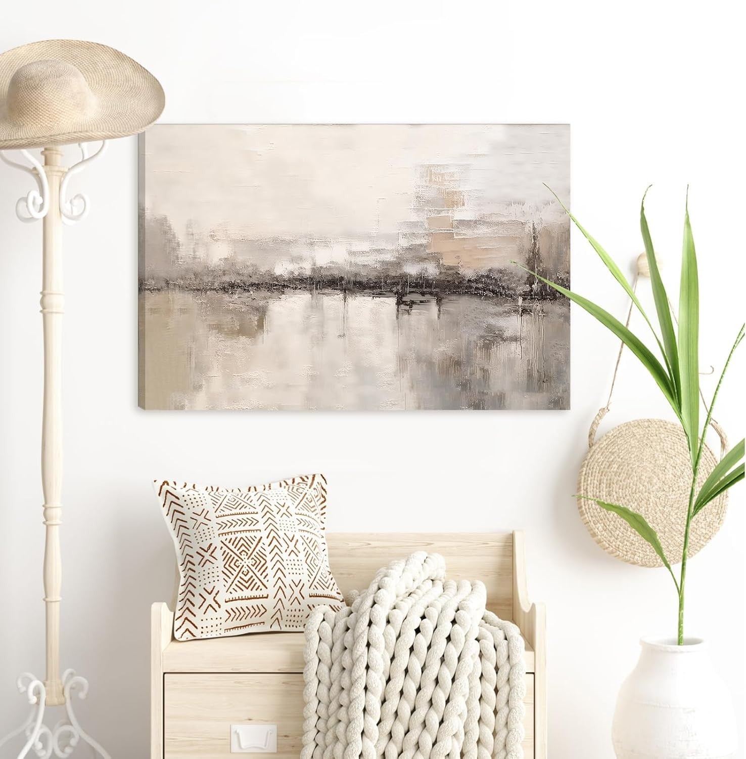 Beige Abstract Canvas Wall Art Framed Minimalist Modern Home Decor 59x39cm