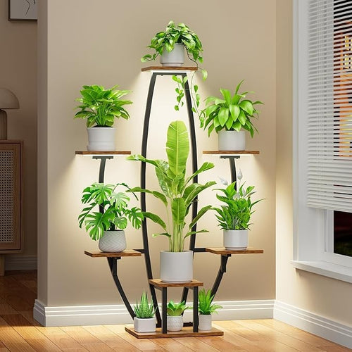 7-Tier Indoor Plant Stand with Grow Lights, Metal Corner Shelf Rack