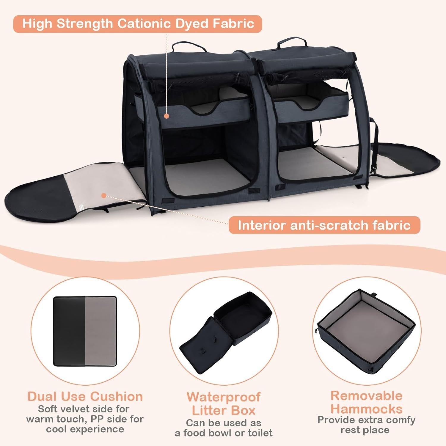 Foldable Pet Carrier 2-in-1 Cat Dog Travel Crate with Hammocks & Litter Box