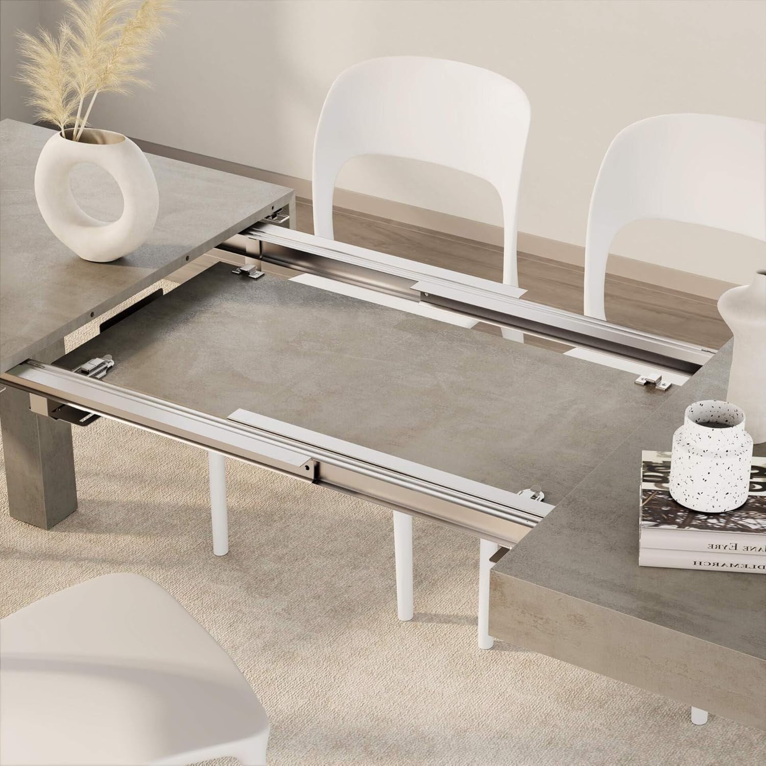 Extendable Concrete Grey  Dining Table 8Seater Wood Modern SpaceSaving 120-200cm