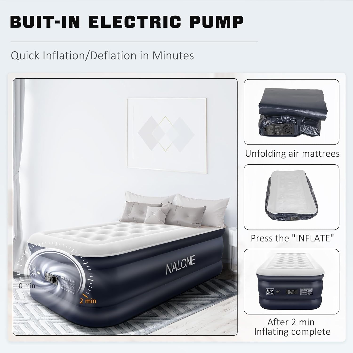 Single Inflatable Air Bed Built-In Electric Pump 46cm Raised Guest Mattress