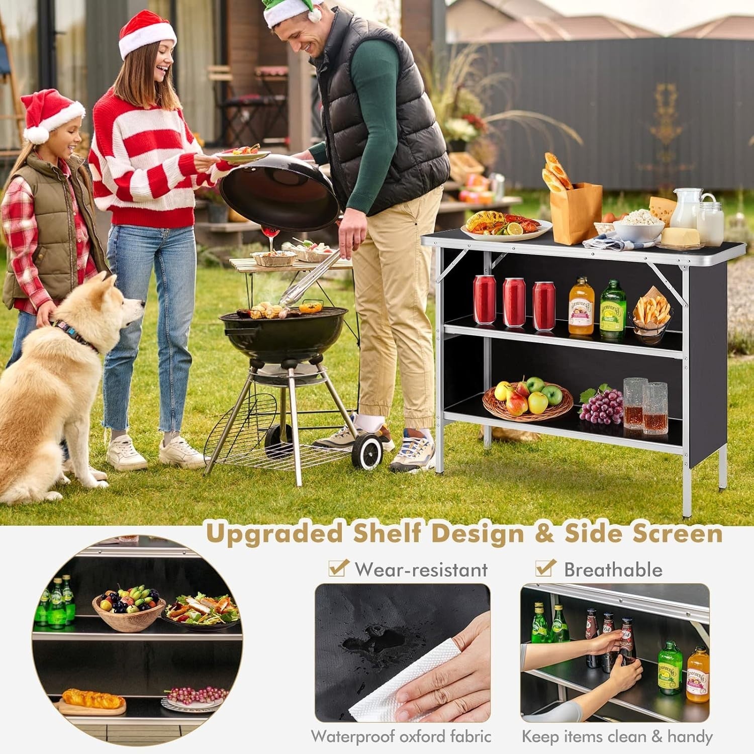 Folding Camping Table 110cm Portable Picnic Table 2-Tier Storage BBQ Outdoor