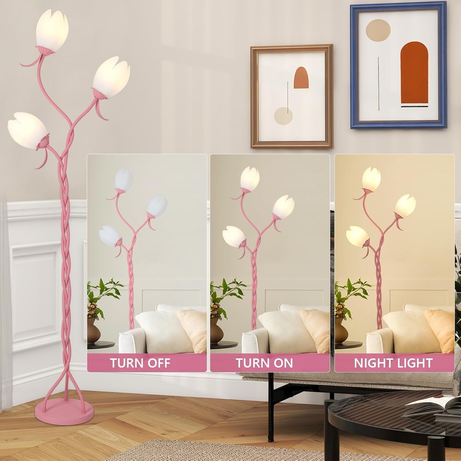 3-Light Pink Floor Lamp Tulip Shades LED Standing Lamp Bedroom Living Room