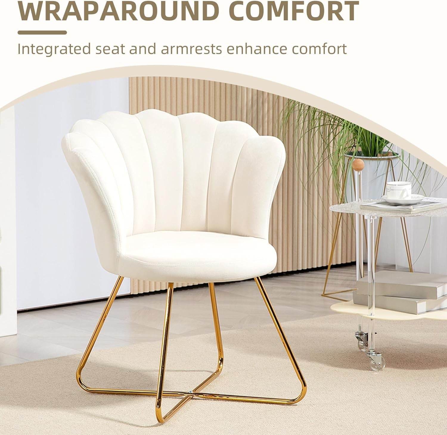 Cream Velvet Tufted Armchair Lotus Backrest Tub Chair Gold Legs