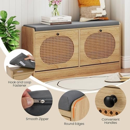 Rattan Shoe Bench with Cushion 2-Door Storage Cabinet Adjustable Shelves Unit