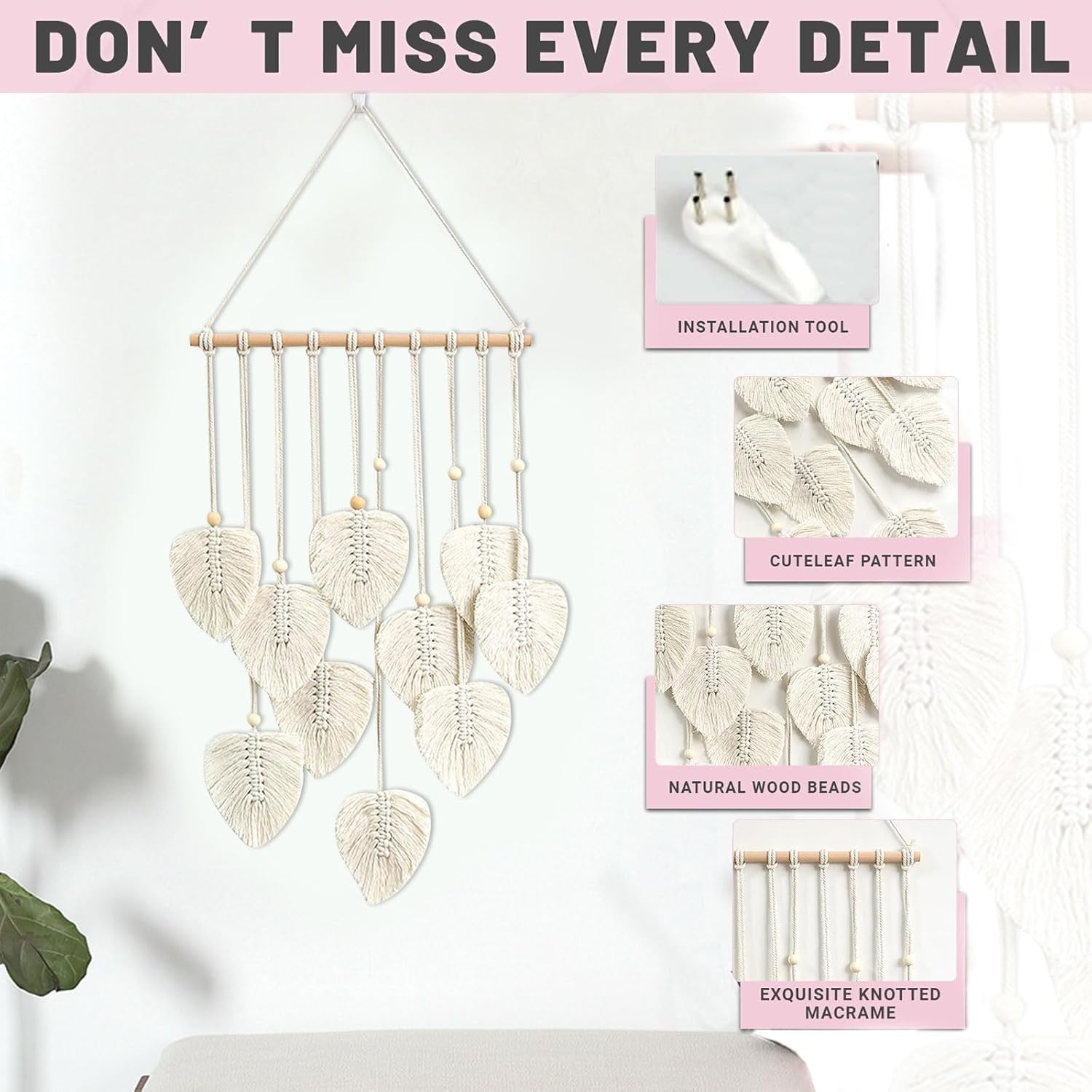 Boho Macrame Leaf Wall Hanging 40x80cm Cotton Tapestry