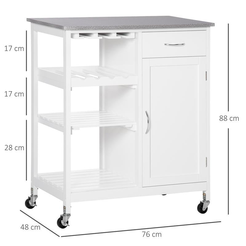 White Kitchen Trolley with Marble Top, Shelves & Wine Rack on Wheels