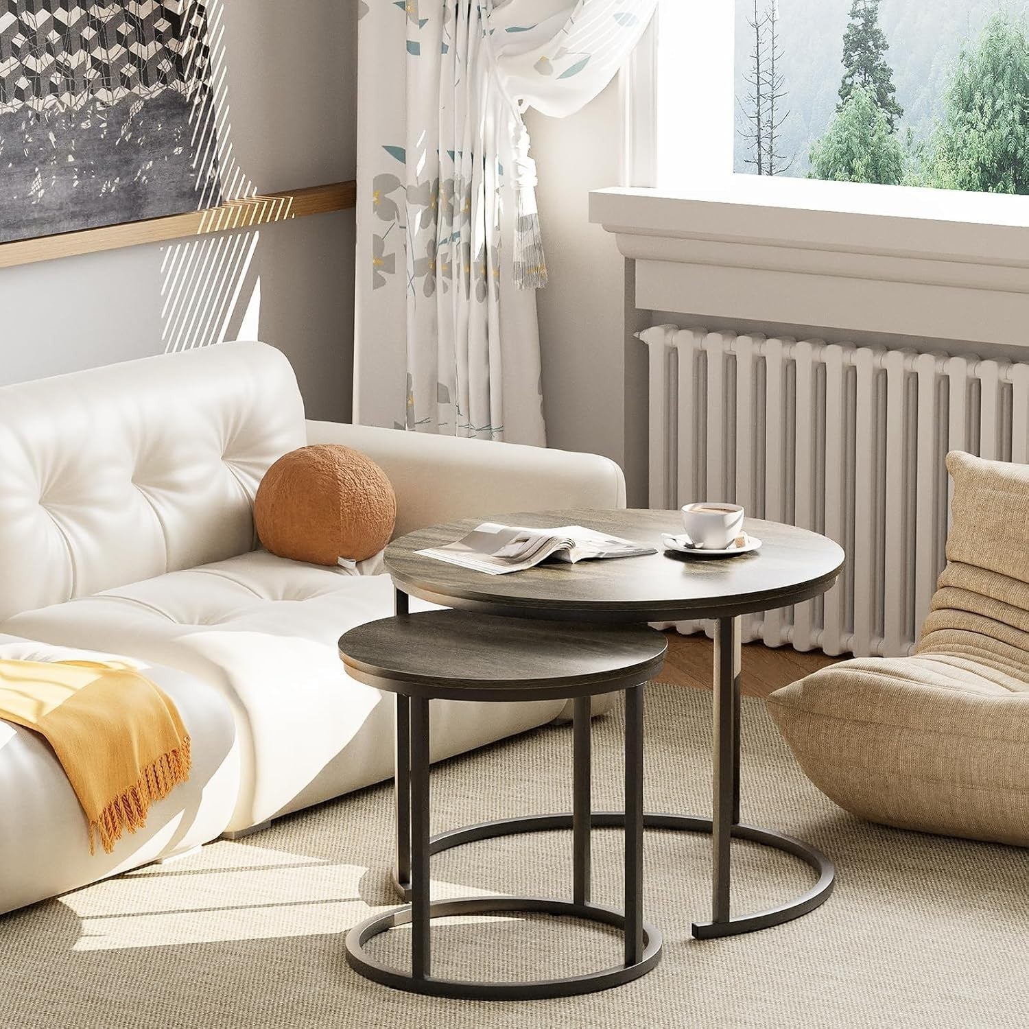 Grey Round Nesting Coffee Table Set 2, Modern Living Room Side End Tables