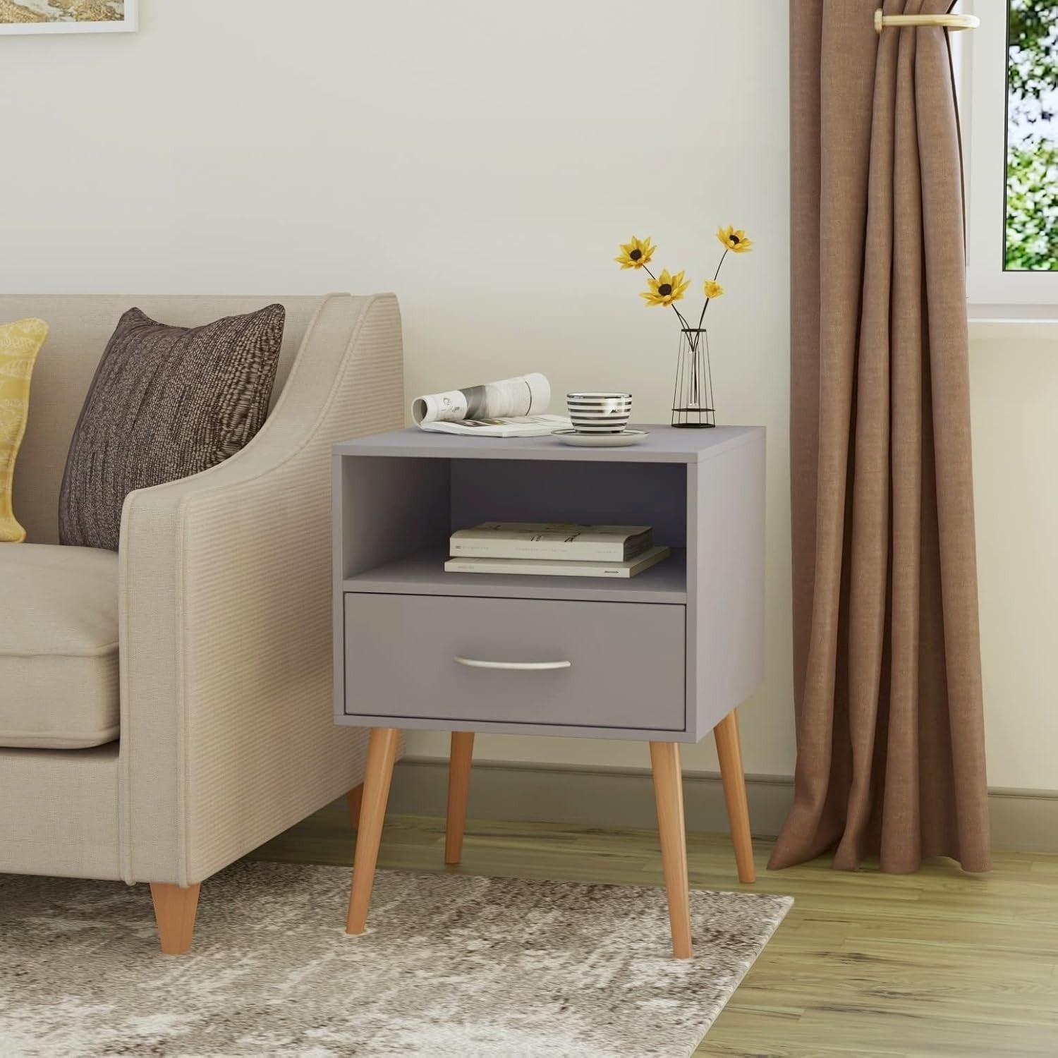 Set of 2 Grey Wood Bedside Tables with Drawer & Shelf – Modern Nightstands