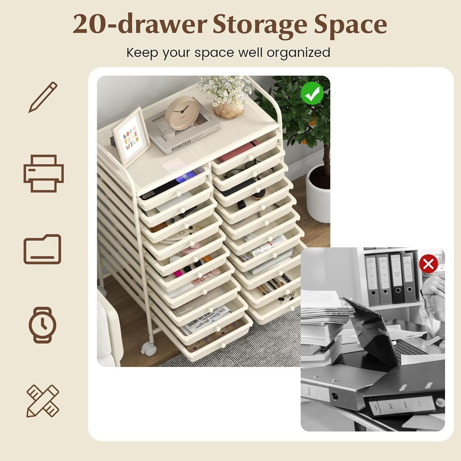 White 20 Drawer Rolling Storage Trolley Utility Cart Office Organizer