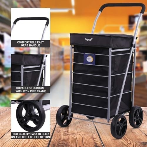 4 Wheel Lightweight Folding Shopping Trolley 75.6L Extra Large Black