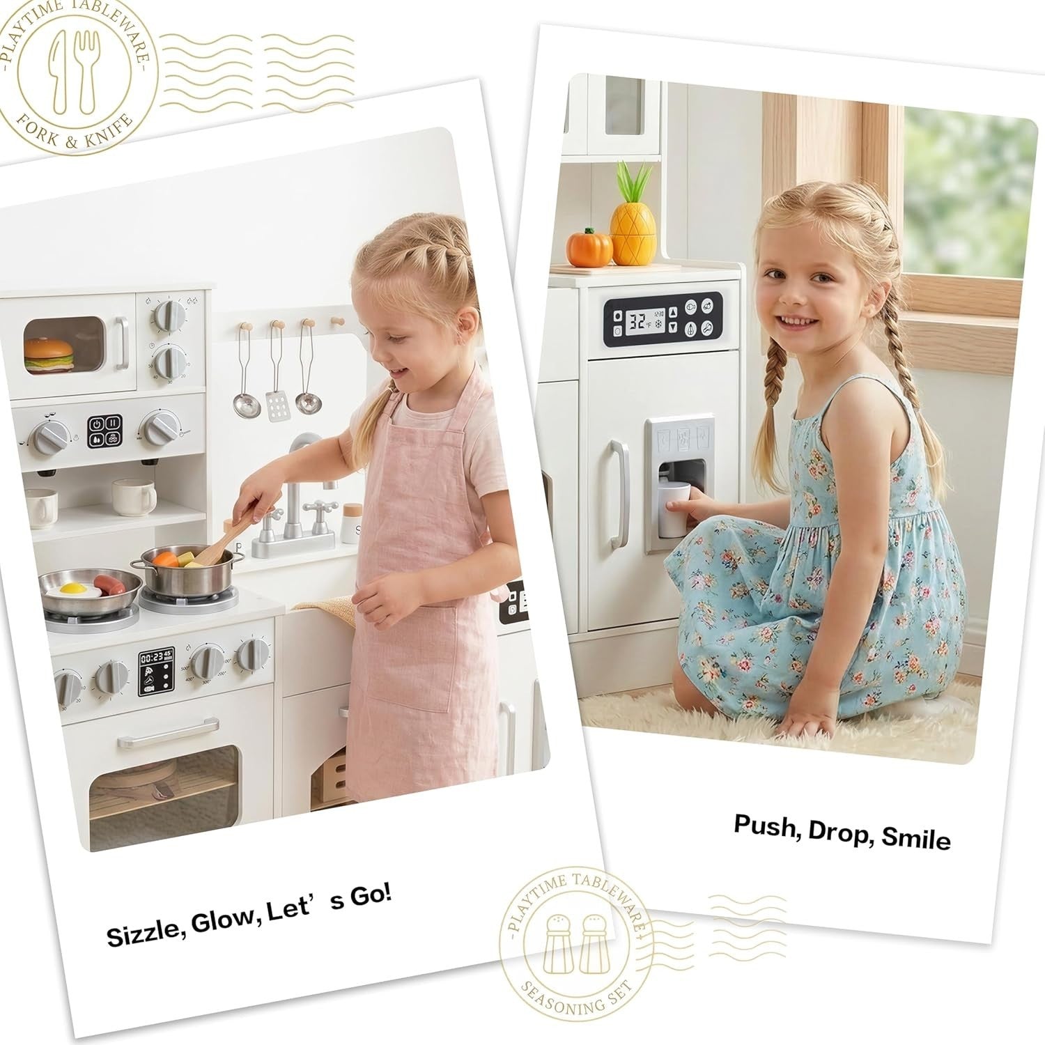 Wooden Kids Play Kitchen w/ Lights Sounds Ice Maker White Toy