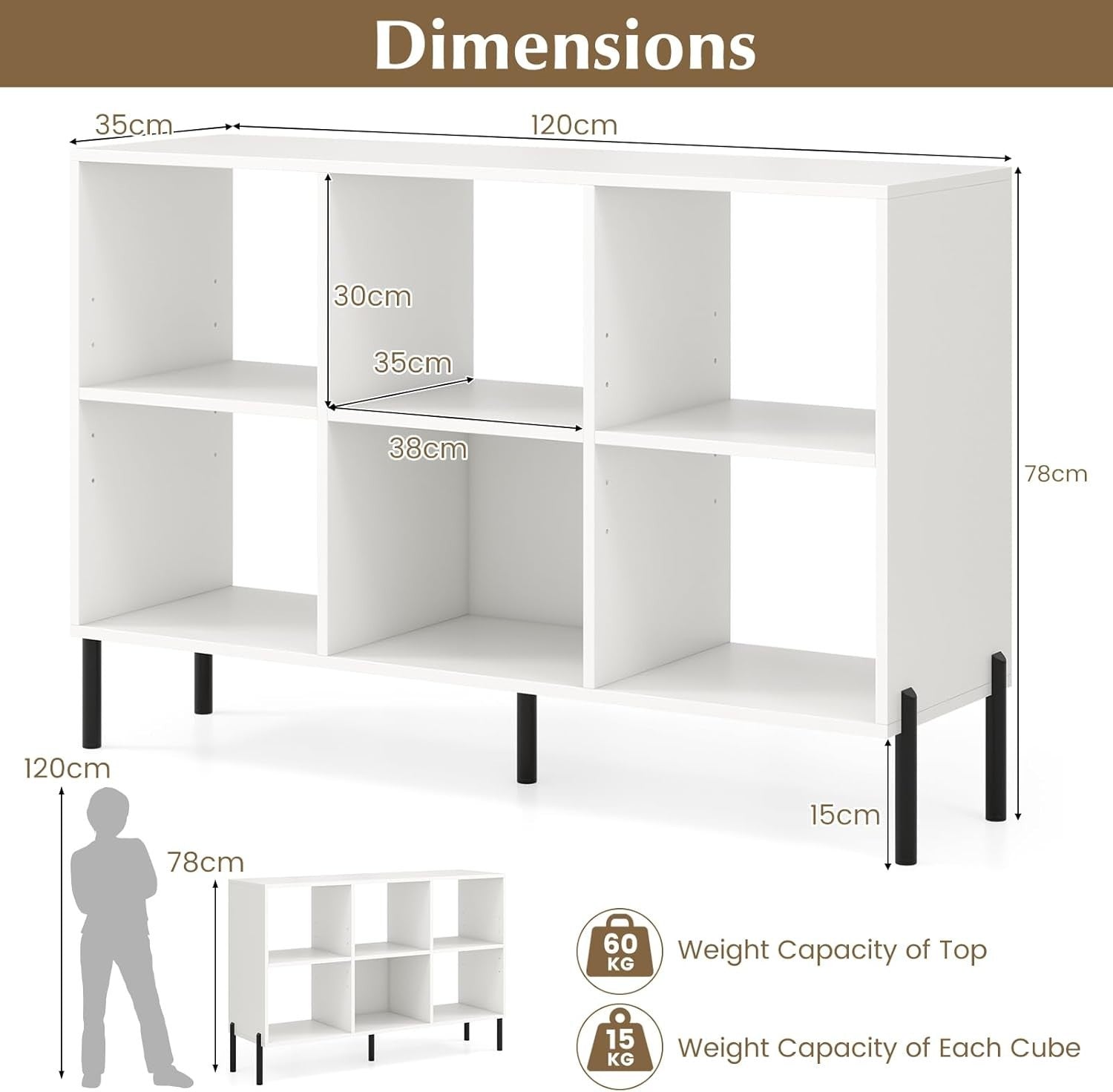 White 6-Cube Adjustable Storage Bookcase with Metal Legs 120x35x78cm