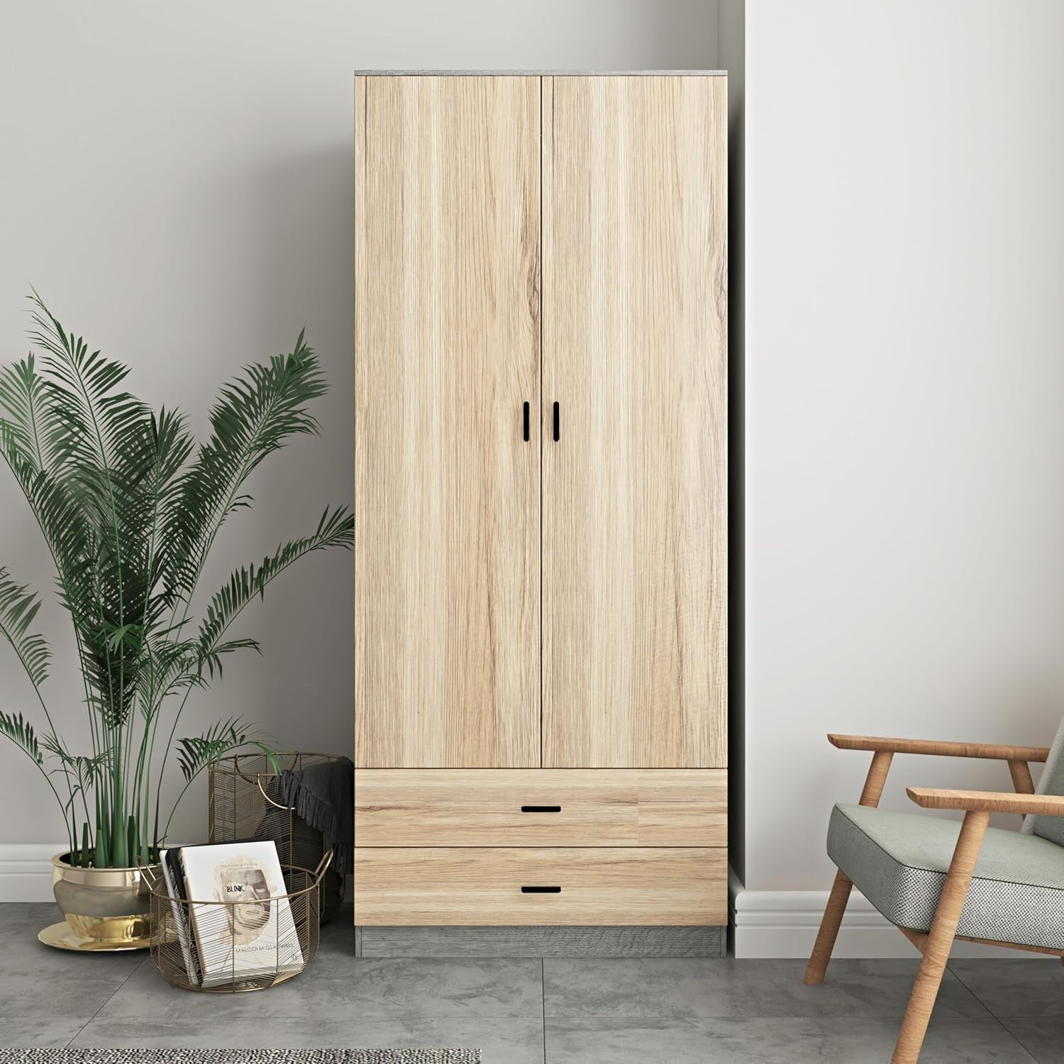 Tall Oak Wardrobe 2 Door 2 Drawer Storage Cabinet for Bedroom Clothes