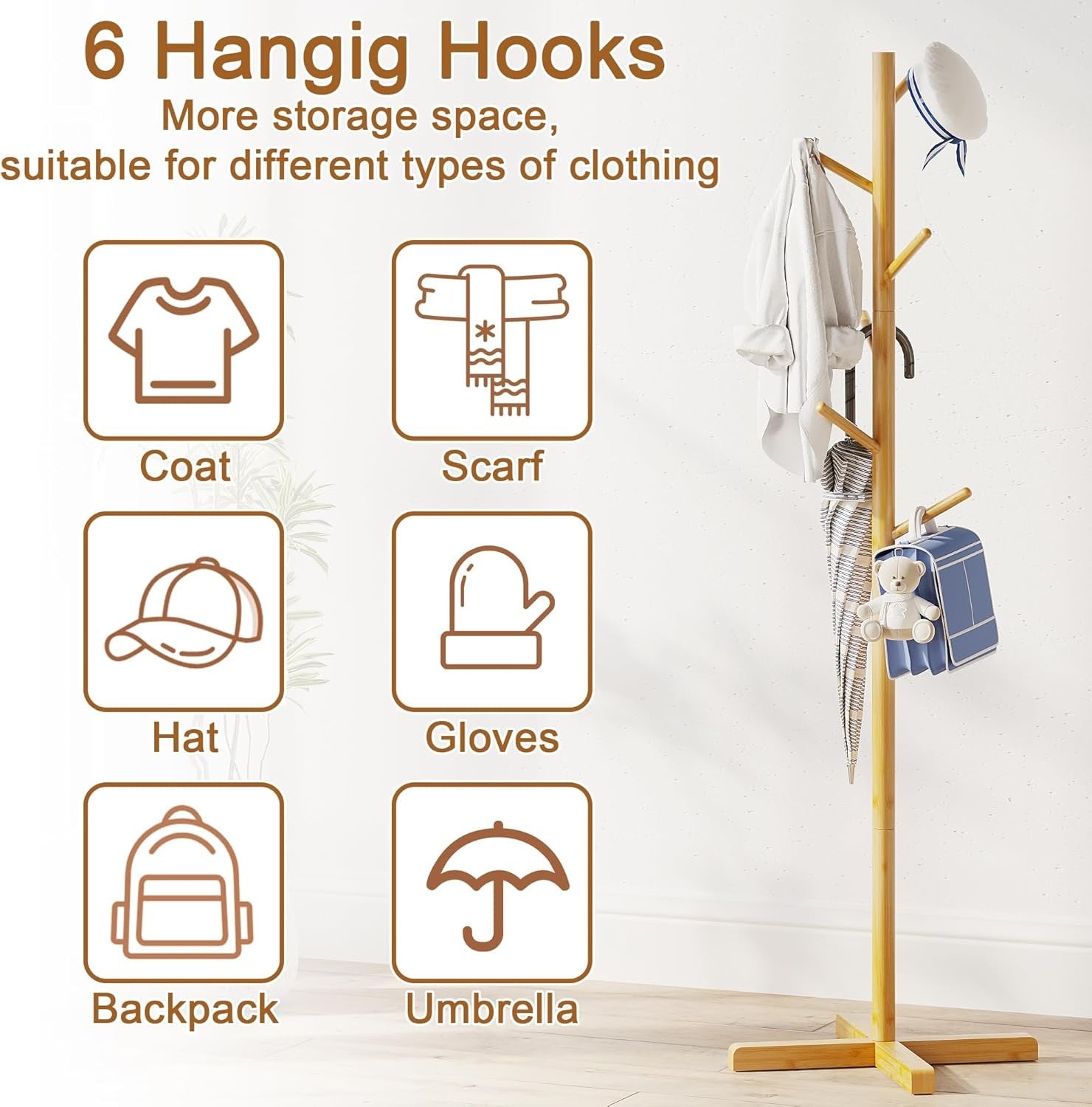 Freestanding Wooden Coat Rack 9 Hooks Adjustable Height 2 Tier Hall Stand