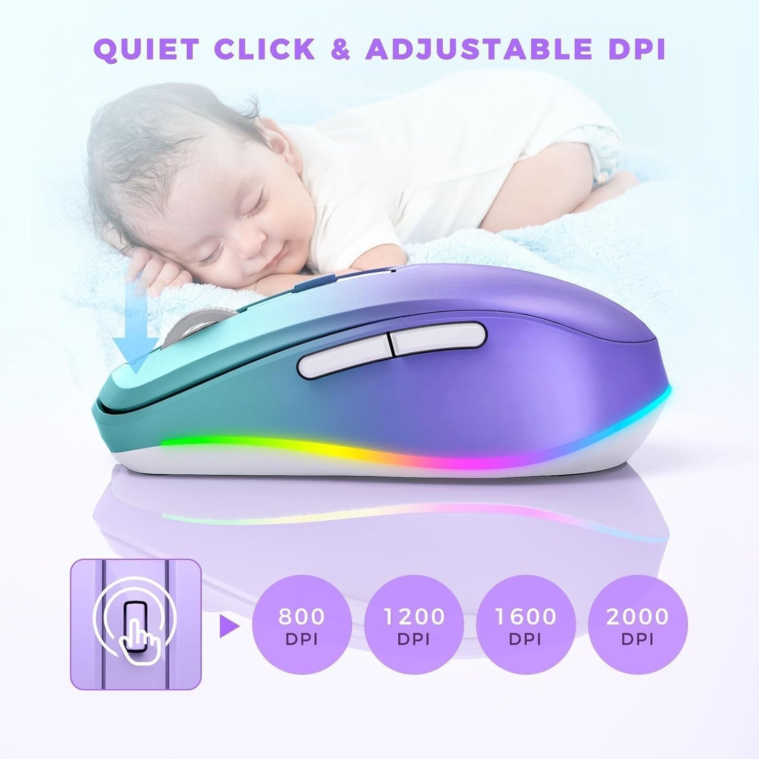 RGB Wireless Mouse Rechargeable Silent USB Jiggler Green Purple