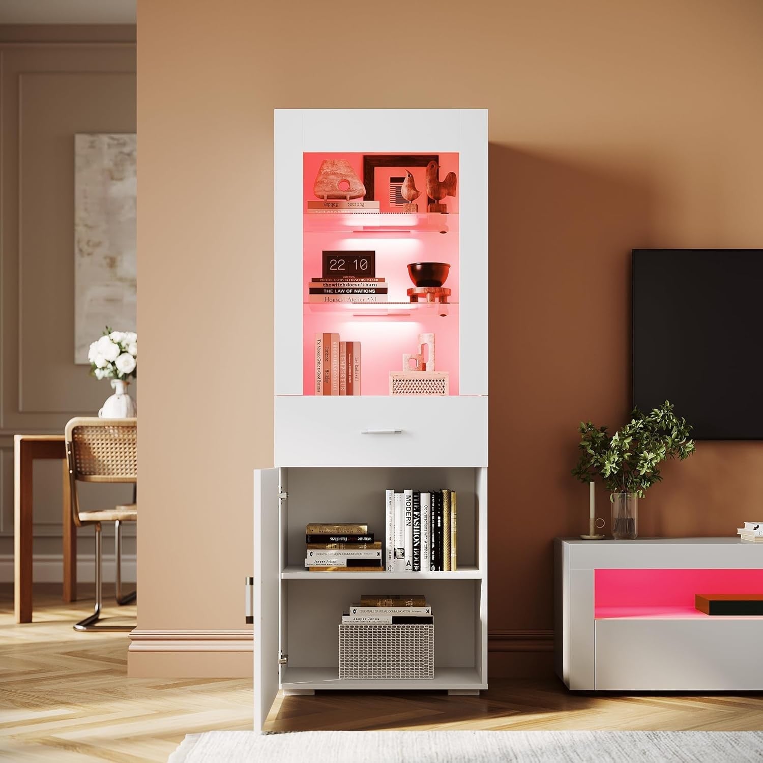 White Gloss Tall LED Display Cabinet 165cm Modern Cupboard with Drawer & Shelves