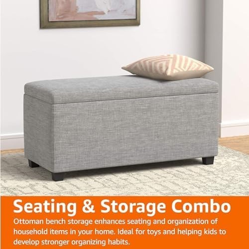 Light Grey Upholstered Storage Ottoman Bench with Soft Close Lid Linen 90x42x43