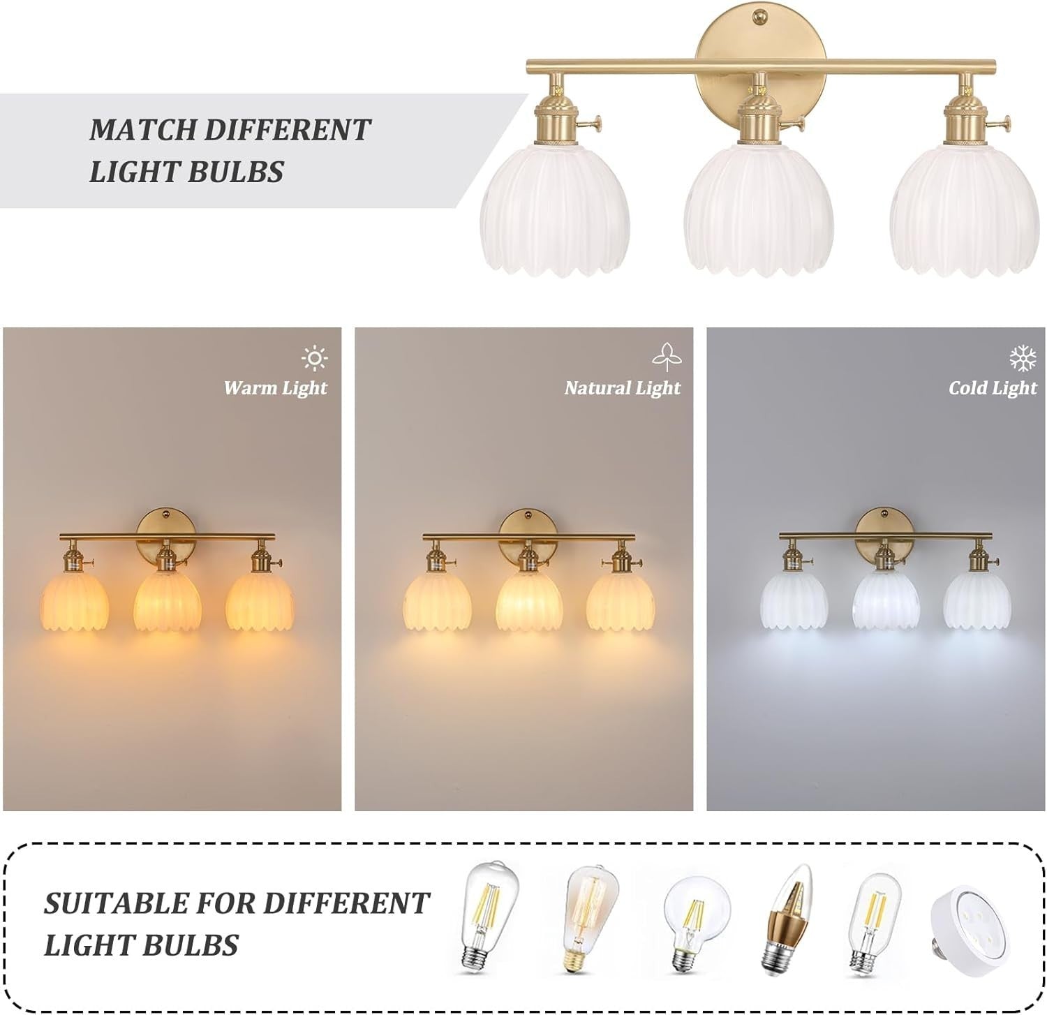 3-Light White Glass Wall Sconce Vanity Light Brass Fixture Bathroom Mirror