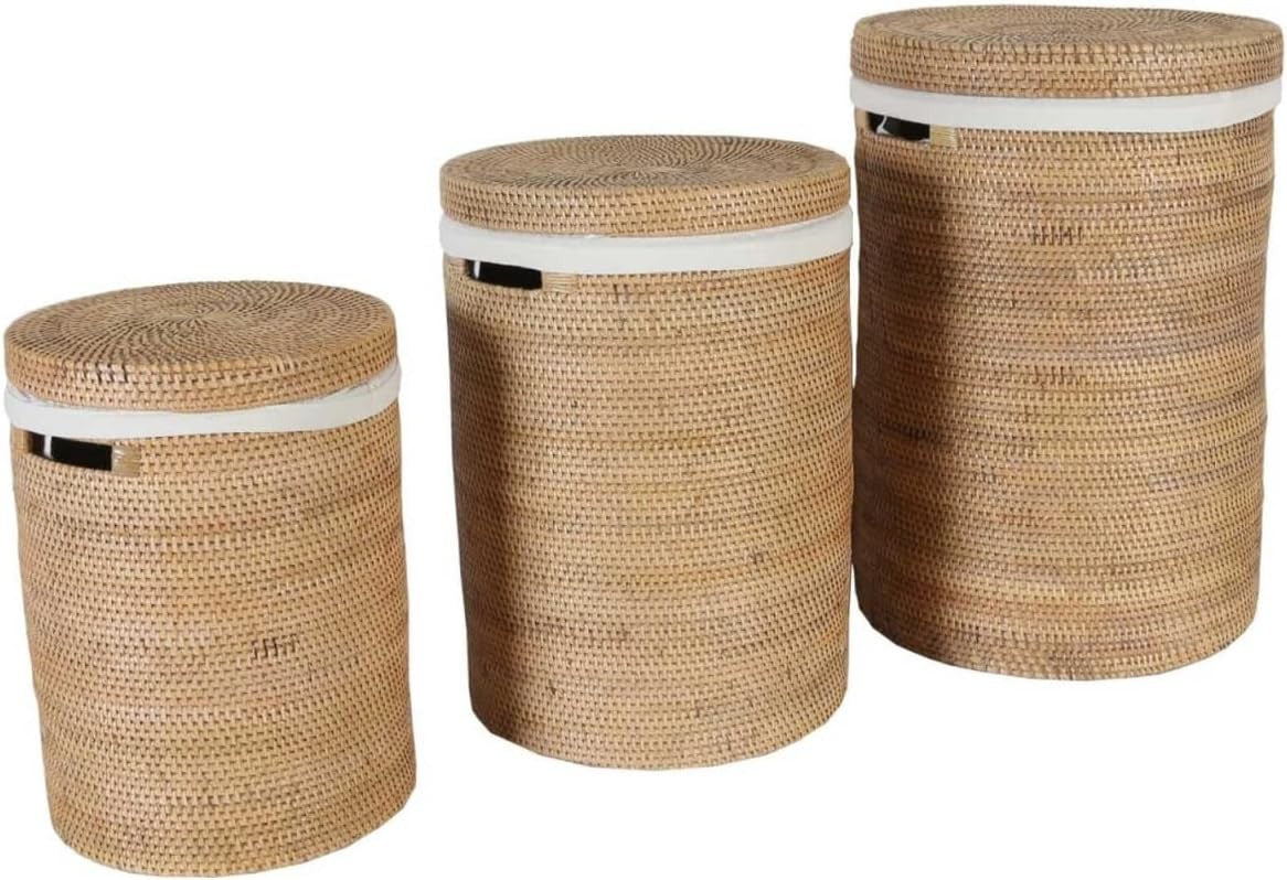 XL Natural Rattan Laundry Basket with Lid Rustic Braided Round Hamper 50cm