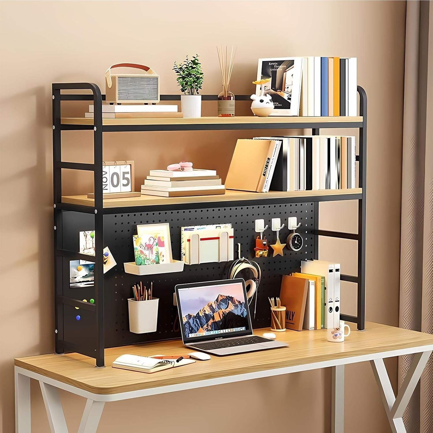 2-Tier Desktop Bookcase Metal/MDF Desk Organizer Shelf 90cm Black