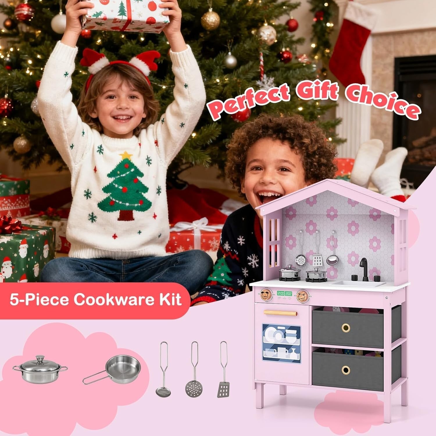 Wooden Kids Play Kitchen Pink Toy Set Sink Dishwasher Storage Stove
