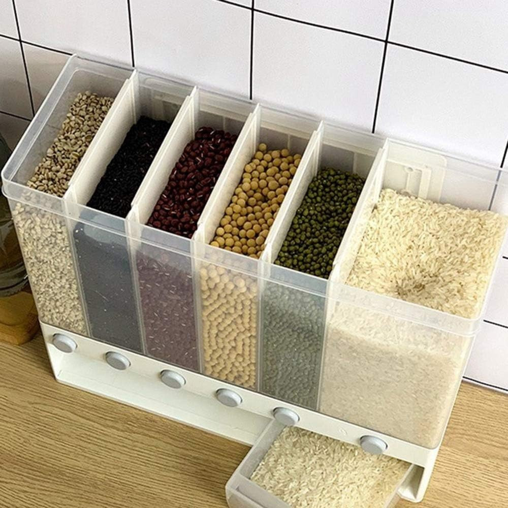 10KG Wall Mounted Rice Dispenser 6 Grid Cereal Storage Moisture Proof