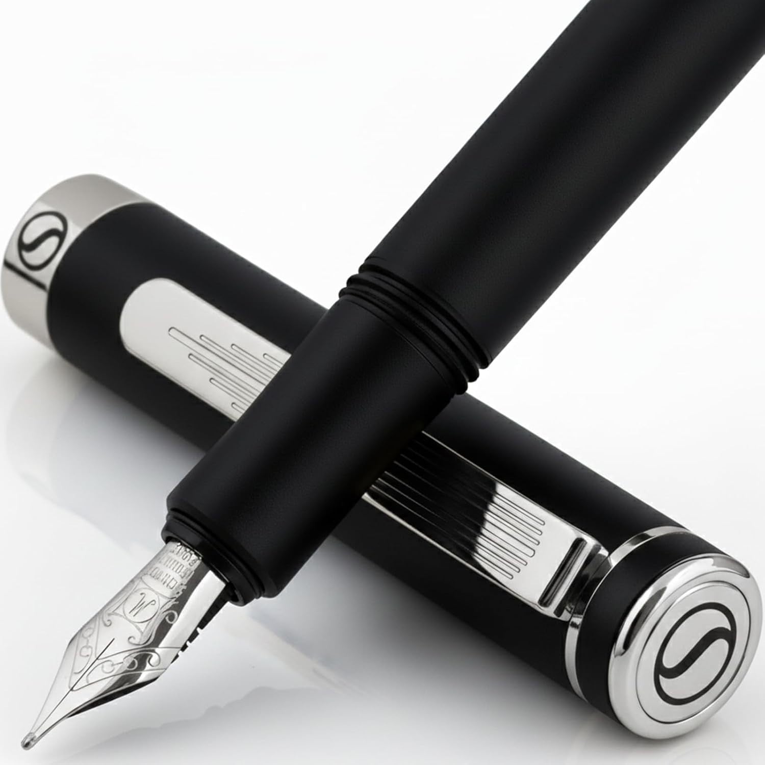 Luxury Fountain Pen Medium Nib Matt Black Chrome Gift Set