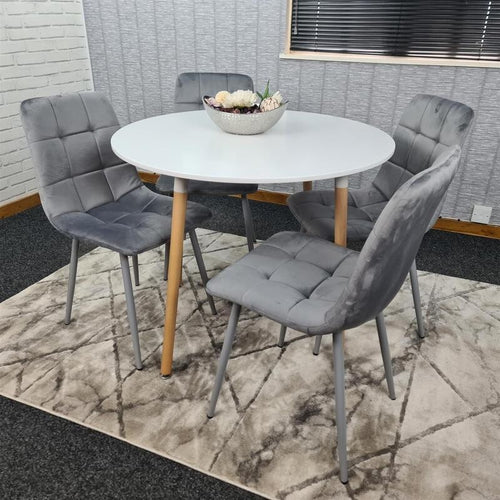 Round White Dining Table Set with 4 Grey Velvet Chairs – 4 Seater Kitchen