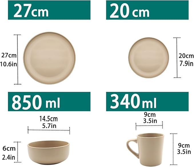 16 Piece Stoneware Dinner Set for 4 Plates Bowls Mugs Brown