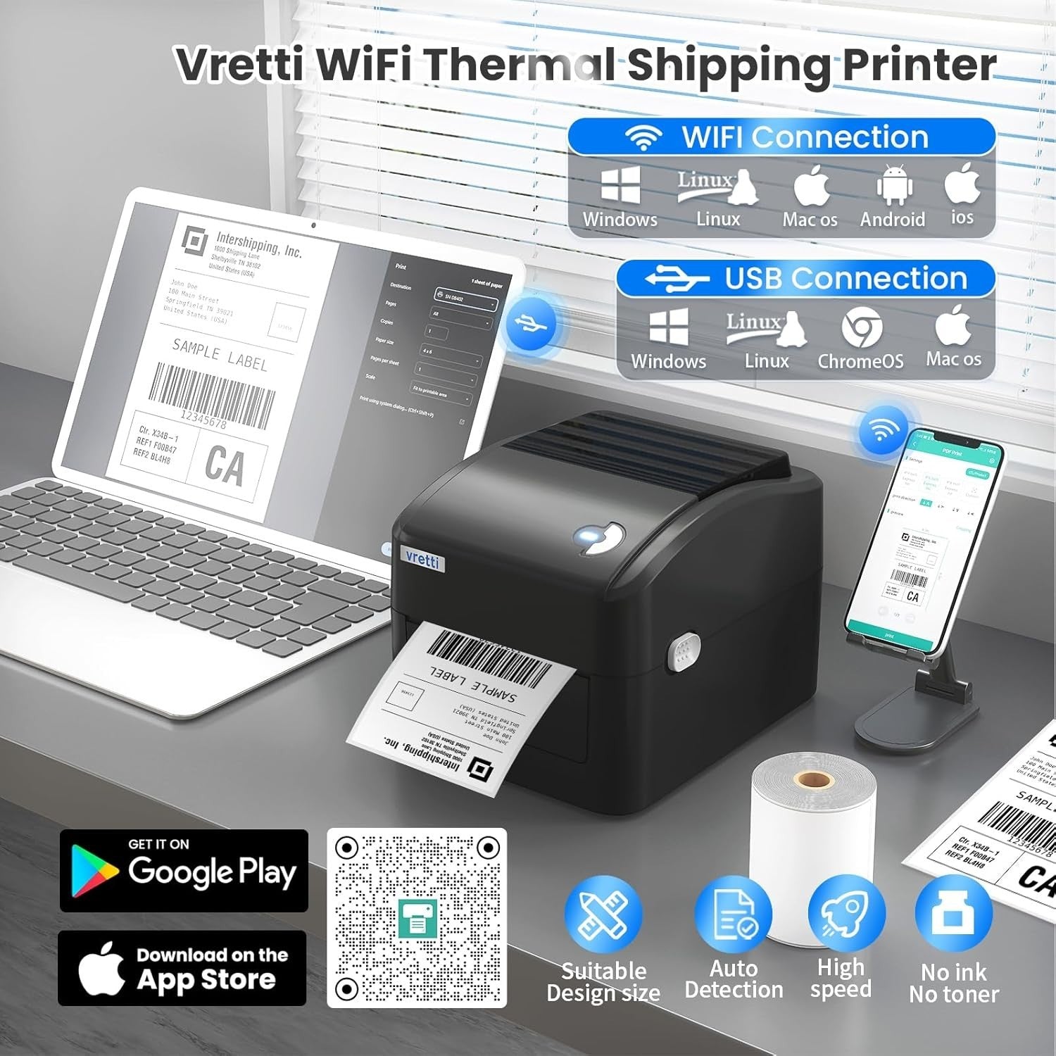 4x6 Thermal Label Printer | WiFi & USB | High-Speed Shipping Labels