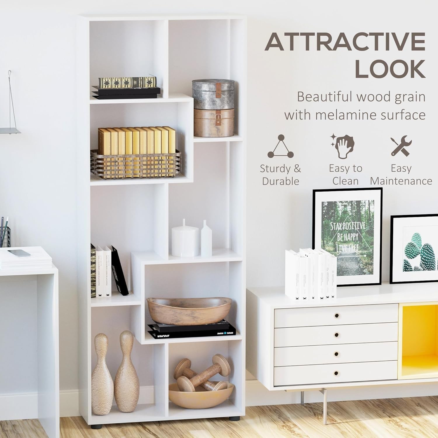 Modern 8-Cube Tall Bookcase Room Divider – Freestanding Storage Shelf White 178c