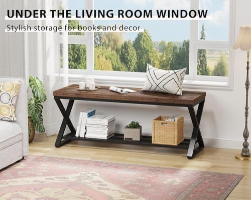 Rustic Brown Industrial Entryway Storage Bench Metal Frame Shoe Rack Seat