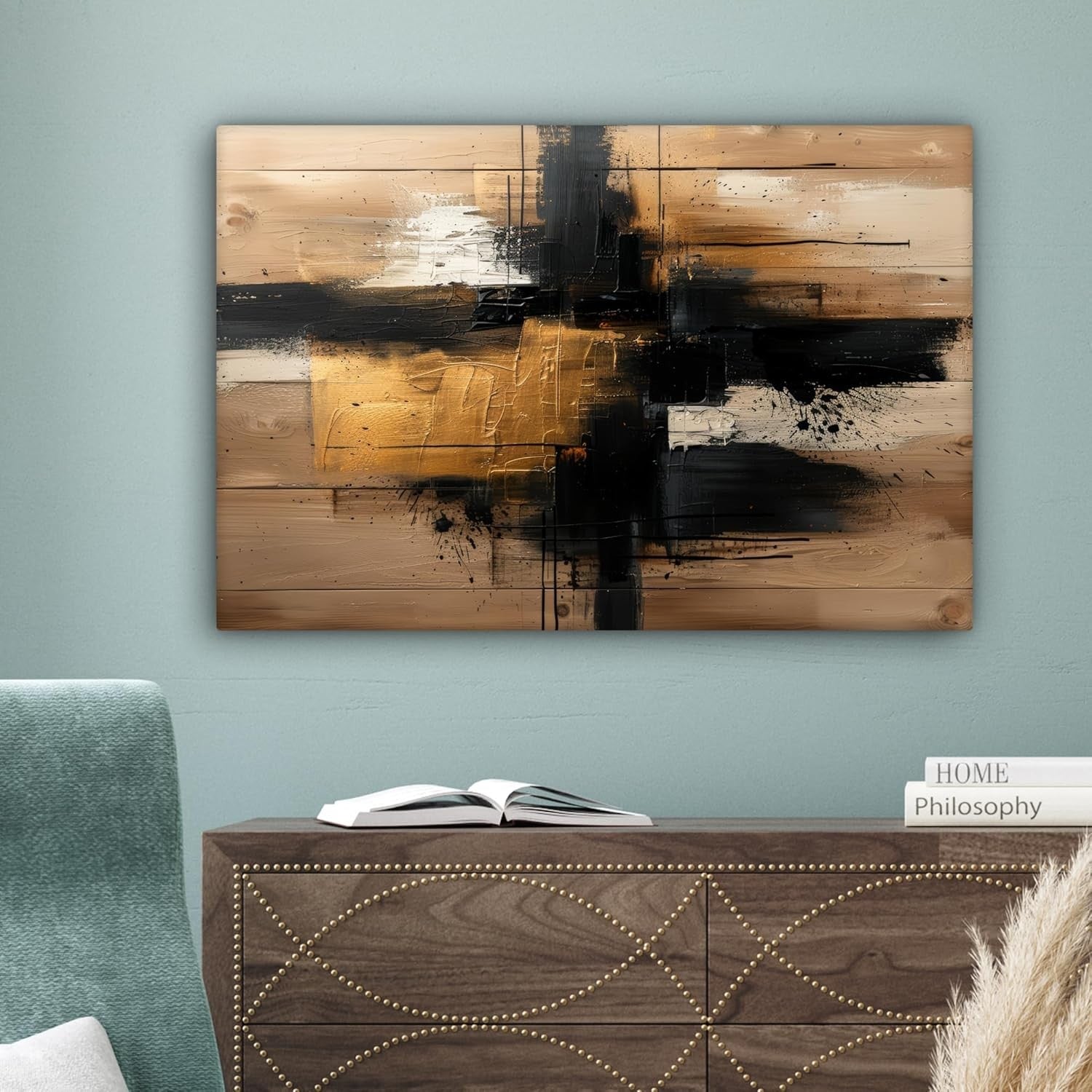Abstract Gold Black Canvas Wall Art 60x40cm Framed Modern Decor