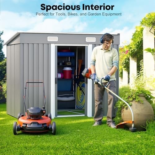 8x4FT Metal Garden Shed Lockable Tool Storage House Grey