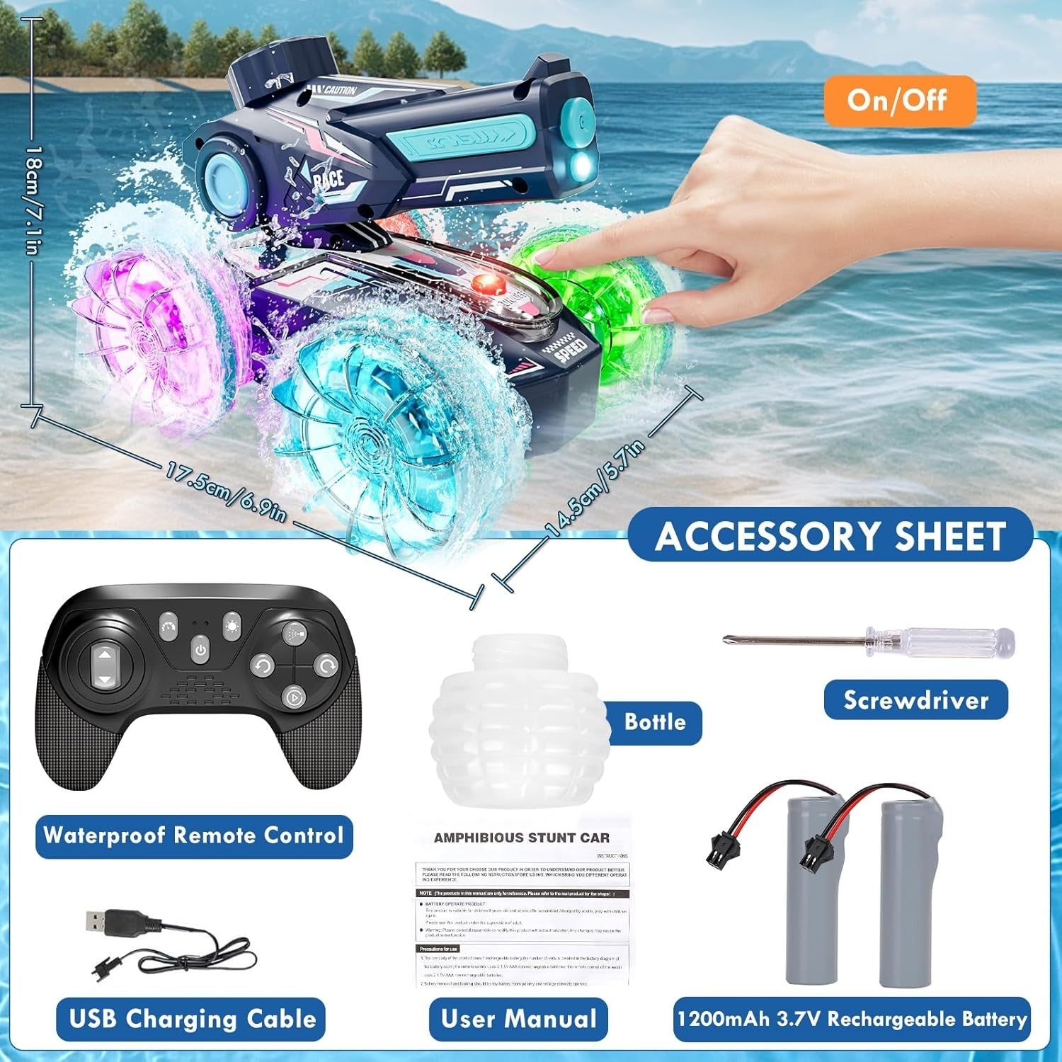 3-in-1 Amphibious RC Car with Water Gun & LED Lights – Kids Outdoor Toy