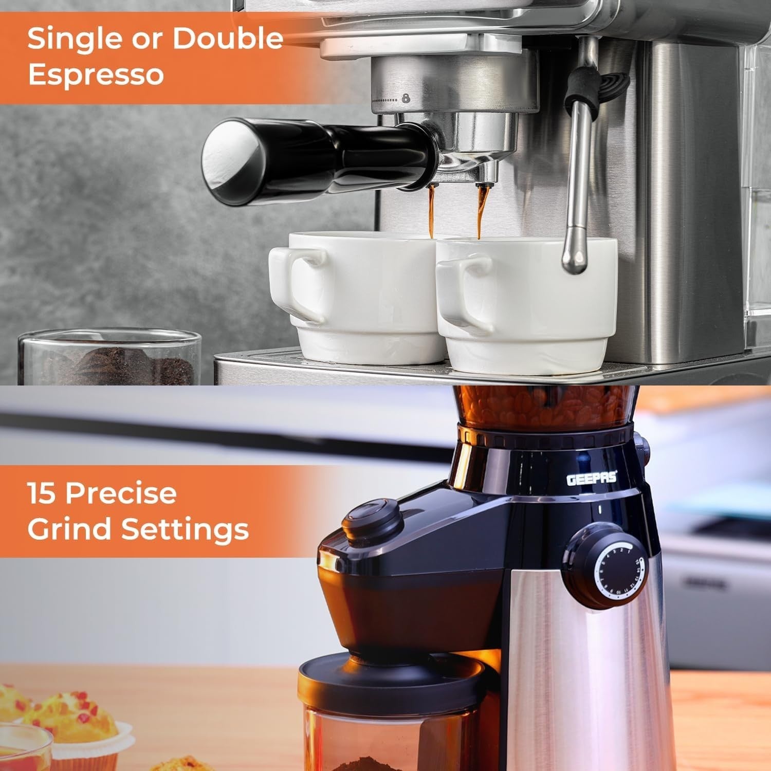 1465W Espresso Machine & Burr Coffee Grinder Set | 20-Bar Pressure