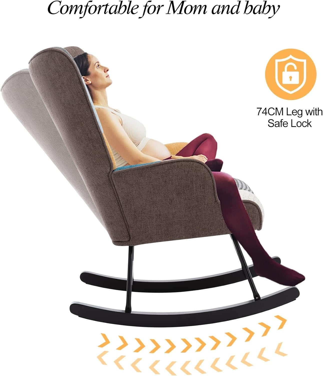 Patchwork Rocking Chair w/ Lumbar Support – Wood Legs, Quiet Glide 87cm