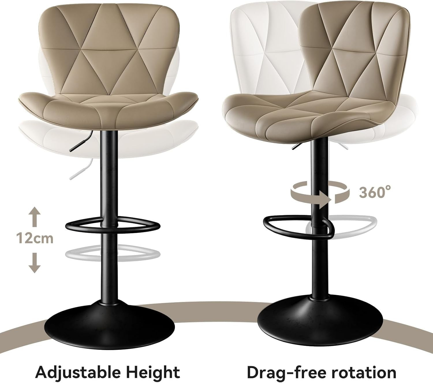 Adjustable Swivel Bar Stools Set of 2 Faux Leather Counter Height Khaki
